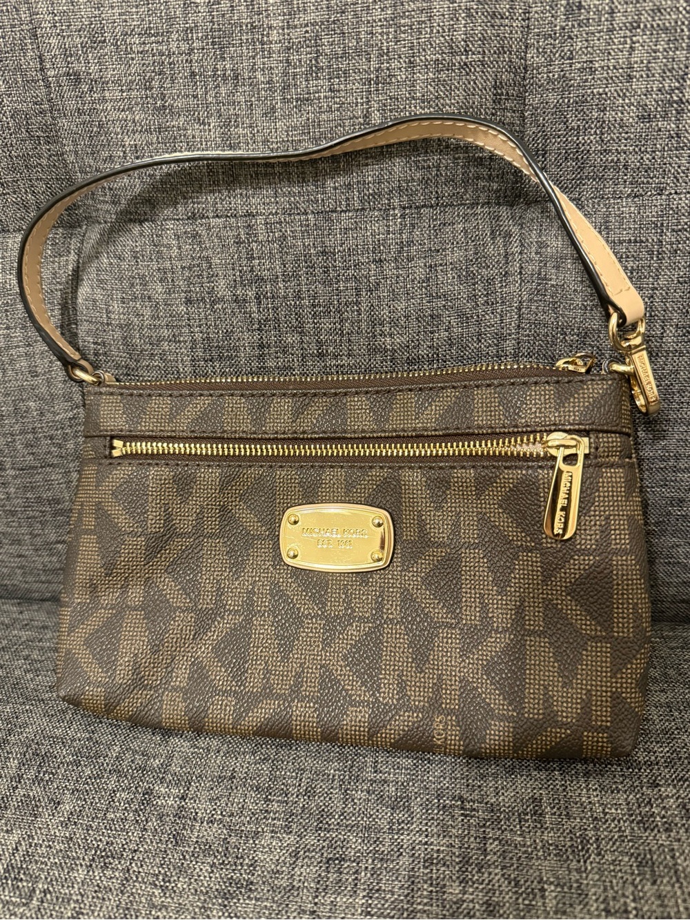 Michael Kors Brown Logo Wristlet with Gold Hardware